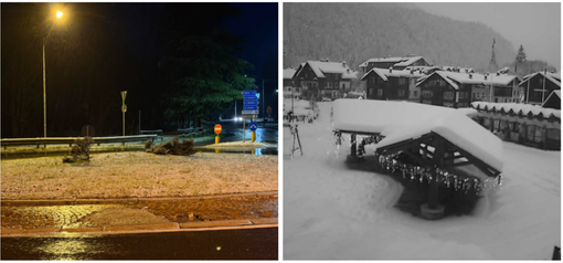 A sinistra la foto postata questa mattina dall'esperto Gianluca Bertoni con la neve che è nuovamente riapparsa nelle valli a nord di Varese e a destra (oltreché sotto in gallery) come si presenta al risveglio oggi Macugnaga