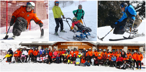 In alto da sinistra Gianni Garbin, papà Andrea, mamma Daniela e la loro Martina, e Igor Stella: lo sci da seduti e quella libertà ritrovata