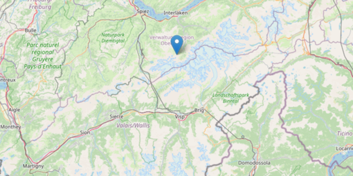 Il punto esatto dove è stata registrata la scossa a nord delle Alpi, non lontano dal confine italiano del Verbano Cusio Ossola con il Canton Vallese Il punto esatto dove è stata registrata la scossa a nord delle Alpi, non lontano dal confine italiano del Verbano Cusio Ossola con il Canton Vallese