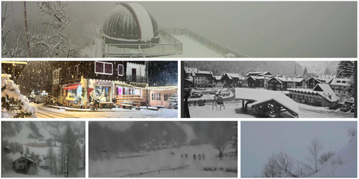 In cima l'osservatorio di Campo dei Fiori sotto la neve, poi due foto di Macugnaga innevata ieri sera (foto Giuliana Colombo Canavesi da Macugnaga.net) e questa mattina (webcam), quindi due immagini dall'Alpe Devero (webcam)