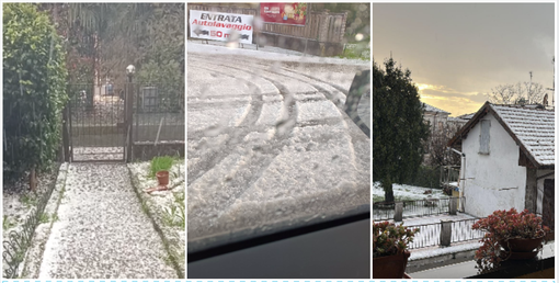 La grandine caduta nel pomeriggio a Malnate (a sinistra), Vedano olona (centro) e Binago (destra). Le foto sono tratte da Facebook