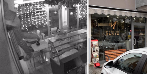 A sinistra: il ladro mentre si cala dalla finestrella. A destra: l'ingresso del pastificio "Mani in Pasta"