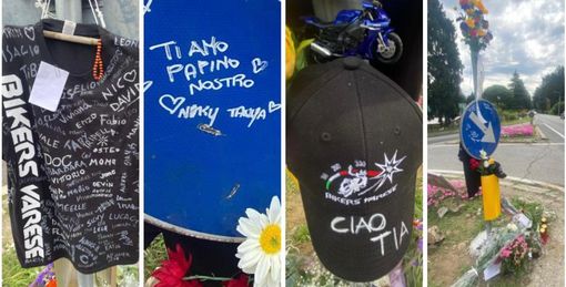 La maglietta con le firme dei Bikers Varese, il messaggio della compagna e della figlia di Mattia e il cappellino con il modellino blu della moto all'incrocio tra via Matteotti e via Toce, il luogo dove ieri il trentaquattrenne varesino ieri ha perso la vita La maglietta con le firme dei Bikers Varese, il messaggio della compagna e della figlia di Mattia e il cappellino con il modellino blu della moto all'incrocio tra via Matteotti e via Toce, il luogo dove ieri il trentaquattrenne varesino ieri ha perso la vita