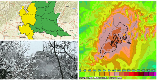Allerta gialla in provincia di Varese: a destra il modello postato dall'esperto Gianluca Bertoni con gli ingenti quantitativi di pioggia previsti in poche ore, infine il Campo dei Fiori innevato