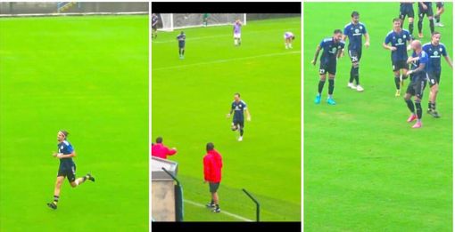 Riceputi, Scapinello e Lorusso corrono sul prato del Chinetti dopo i tre gol al Legnano Riceputi, Scapinello e Lorusso corrono sul prato del Chinetti dopo i tre gol al Legnano