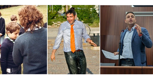 Da sinistra: Samuele Astuti giovanissimo scout, dopo la vittoria alle elezioni di Malnate e durante un intervento in Consiglio regionale