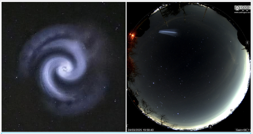 A sinistra: la spirale avvistata in cielo. A destra: una fase della formazione della luce immortalata dalle telecamere dell'Osservatorio al Campo dei Fiori