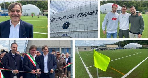 Claudio Milanese, patron della Solbiatese, all'inaugurazione del nuovo centro sportivo di Solbiate Arno, il taglio del nastro con il sindaco Battiston e il vice presidente del consiglio regionale Cosentino, i giocatori della Solbiatese Scapinello, Mondoni e Torraco sui nuovi campi e il pallone con i 3 campi da padel