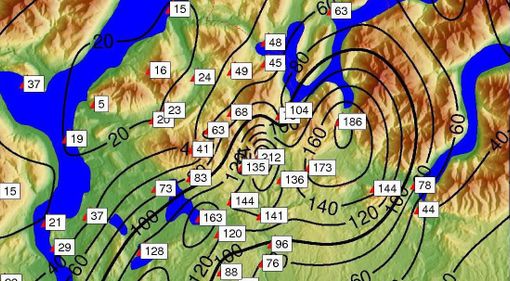 I dati con gli accumuli di pioggia per località diffusi ieri sera dal Centro Geofisico Prealpino