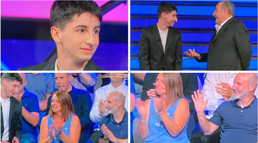 Andrea Siciliano supera i 100 mila euro vinti e finisce abbracciato da mamma e papà, che lo applaudono in studio da Gerry Scotti alla Ruota della fortuna