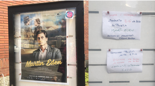 Il manifesto del febbraio 2020 e il cartello arrivato ora in viale Alfieri: due flash di una pandemia e della ripresa