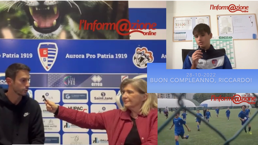 Luca Bertoni, centrocampista della Pro Patria. A lato Riccardo Colombo, oggi quattordicenne, e i piccoli vincitori dell'Academy