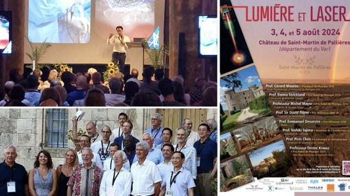 In alto a sinistra il &quot;nostro&quot; Filippo Fagnani sul palco dell'evento Lumiére et Laser. Sotto una foto di gruppo dei relatori e a fianco la locandina del convegno