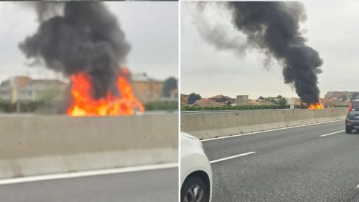 L'auto in fiamme sulla A8 (foto tratta da IlSaronno.it)