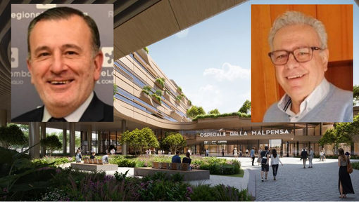 Il render del Grande Ospedale della Malpensa. Nei riquadri, Ferrazzi (a sinistra) e Maggioni