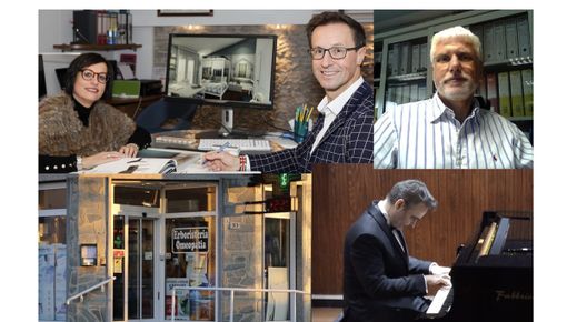 In alto Bellin, accanto Ugo Bassi, sotto la farmacia Lodoletti: il dottor Alberto è anche rinomato pianista