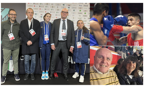 L'amministrazione e Masterboxe con due campionesse azzurre, Testa e Sorrentino. Serra sul ring (Ph FPI/Bozzani) e Gianni Bisterzo, figlio del mitico Bruno, con la moglie