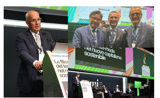 Sergio Tamborini, un momento dell'assemblea, i varesini Grassi, Brugnoli e Vago: nell'altra foto anche Brugnoli e Grassi con il neo presidente di Confindustria Como Gianluca Brenna, anche lui tessile