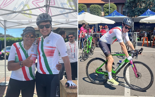 Luca Folegani insieme al &quot;Diablo&quot; Claudio Chiappucci e in sella alla bici