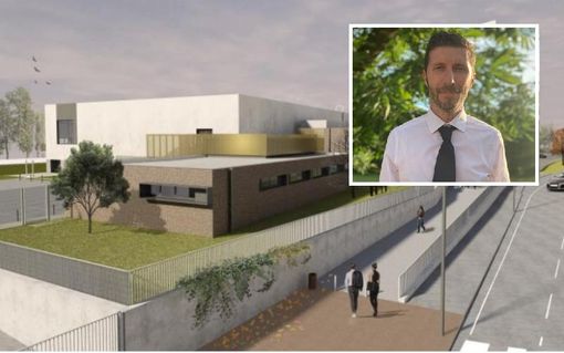 Rendering del palazzetto dello sport, nel riquadro Massimo Gnocchi Rendering del palazzetto dello sport, nel riquadro Massimo Gnocchi