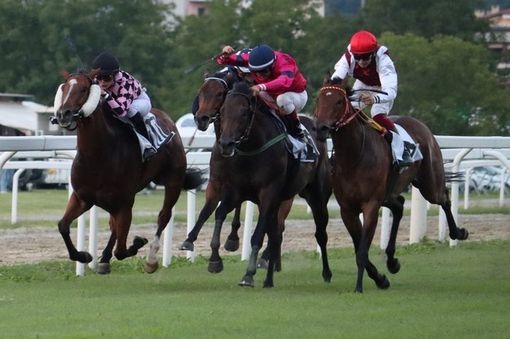 L’arrivo dell’ultima corsa di Funny Version, in giubba fucsia a centro gruppo (Foto Luca Leone)