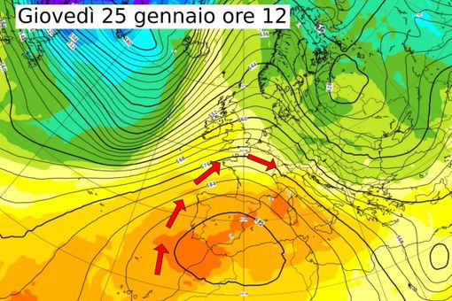 La cartina postata dal Centro Geofisico Prealpino con l'arrivo di masse d'aria di origine subtropicale causata dall'anticiclone posizionato tra Algeria, Marocco e Spagna