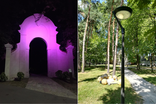 L'arco &quot;a colori&quot; e un nuovo lampione. Sotto i lavori e il sindaco Cerini