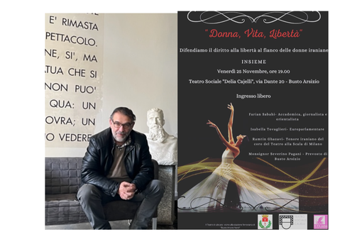 Luca Galli e la locandina dell'evento organizzato per le donne iraniane