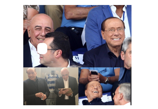 Sopra, Berlusconi e Galliani nella foto di Daniele Belosio. Sotto, un'altra immagine in tribuna e la visita al Pro Patria Museum
