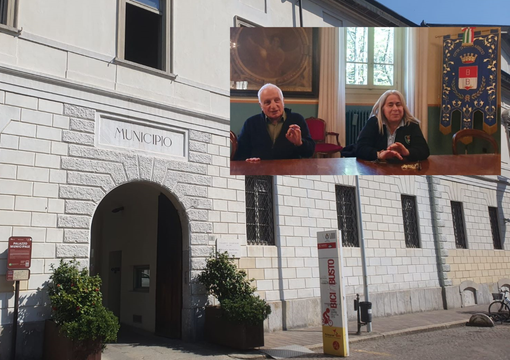 Il municipio di Busto. Nel riquadro, Liguori e Labanca