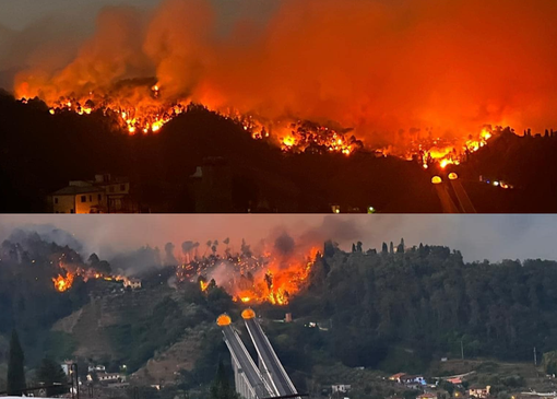 Le immagini del rogo vicino all'autostrada di Riccardo Brocchini diffusa dalla pagina Facebook di Rete Meteo Amatori e del Comune