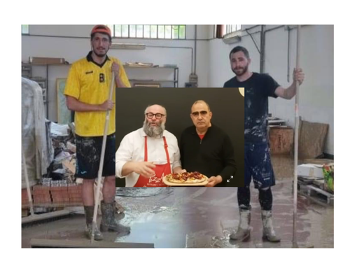 Nico con Elio e la nuova pizza per aiutare l'Emilia Romagna - foto dalla pagina Facebook di PizzAut