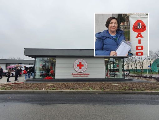 La sede Cri di via Savona, nel riquadro la presidente Aido Busto Arsizio, Maria Iannone