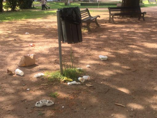 In via Foscolo si ripulisce il parco, con i rifiuti sparsi a terra
