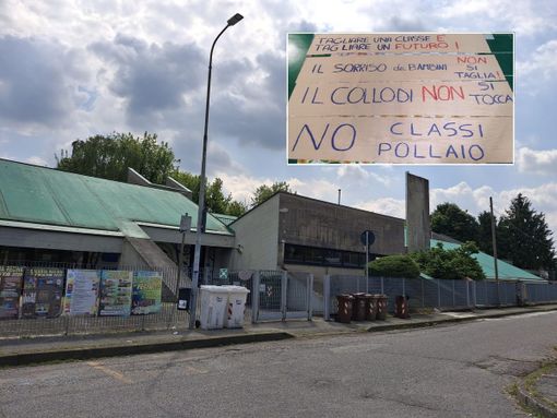 La scuola Collodi, nel riquadro gli striscioni preparati dai genitori