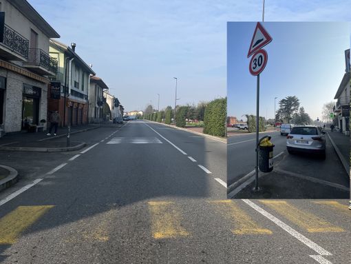 Il passaggio pedonale dove è avvenuto l'incidente ieri e il cartello dei 30 all'ora Il passaggio pedonale dove è avvenuto l'incidente ieri e il cartello dei 30 all'ora