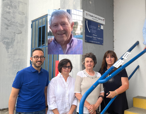 La famiglia Taglioretti con presidente e assessore, e sopra Pippo. Sotto, con l'amico Tognola e al discorso allo Speroni