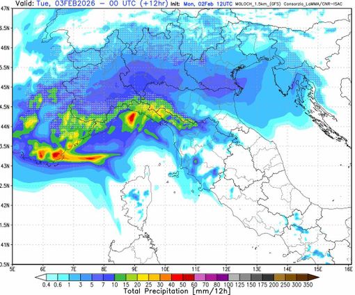 La mappa precipitazioni in base al modello analizzato da Bertoni