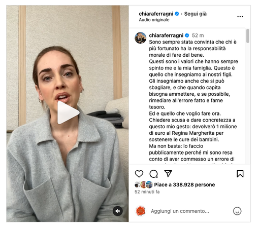 Ferragni sul caso del pandoro Balocco: «Chiedo scusa, donerò un milione di euro al Regina Margherita» Ferragni sul caso del pandoro Balocco: «Chiedo scusa, donerò un milione di euro al Regina Margherita»