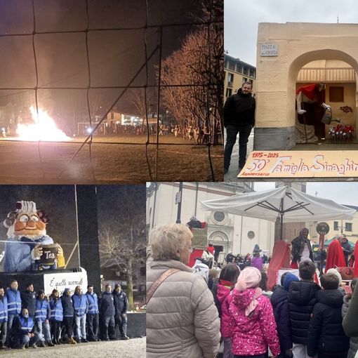 In alto a sinistra il falò di Borsano, accanto la Famiglia Sinaghina in centro, sotto bambini che ammirano i fantocci e in basso a sinistra il messaggio della Pro Loco di Solbiate