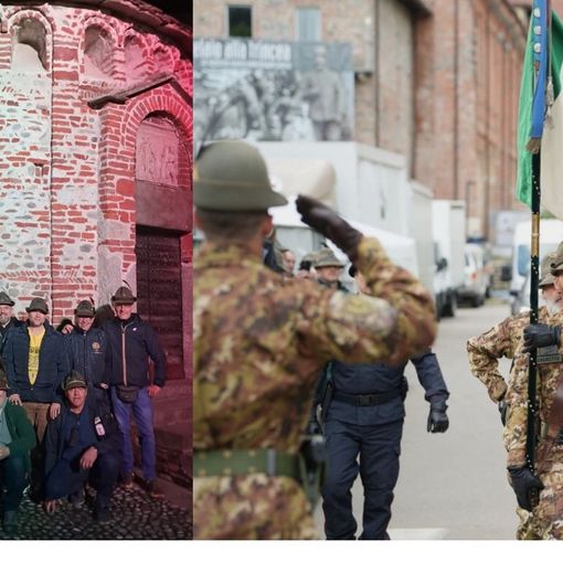 A sinistra i primi alpini di Busto arrivati a Biella, a destra un'immagine dal sito dell'Adunata