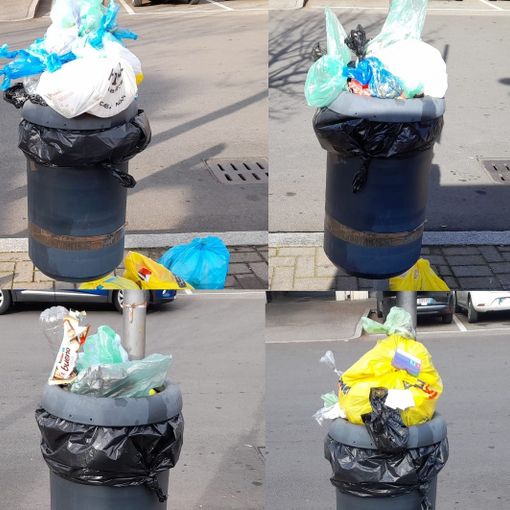Lo stato di un cestino in piazza San Donato, a Sacconago, in quattro domeniche consecutive