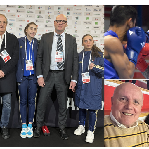 L'amministrazione e Masterboxe con due campionesse azzurre, Testa e Sorrentino. Serra sul ring (Ph FPI/Bozzani) e Gianni Bisterzo, figlio del mitico Bruno, con la moglie
