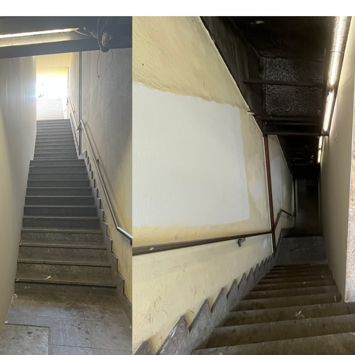Le scale &quot;dimezzate&quot; verso il piazzale esterno zona mercato