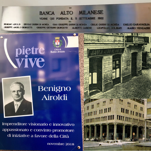 La targa e  Benigno Airoldi. Le sedi nelle foto per cortesia dell'archivio storico Intesa Sanpaolo, a loro volta prese da un opuscolo del Banco lariano