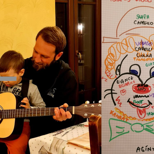 Casa Lelia e il volontario Valentino che si prende cura di un bimbo ucraino. A fianco, prove di comunicazione