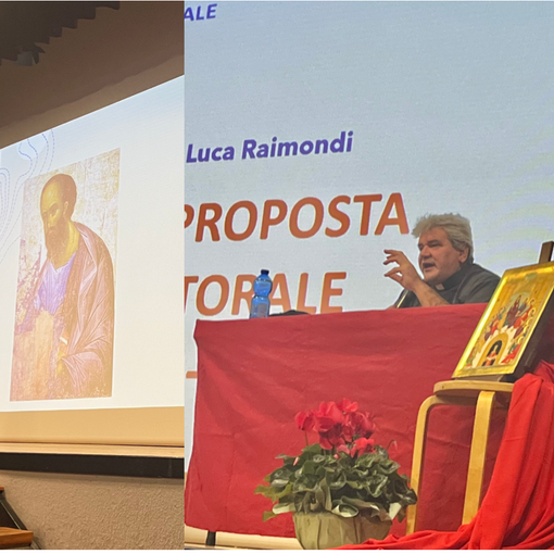 L'assemblea con monsignor Luca Raimondi. Sopra monsignor Severino Pagani