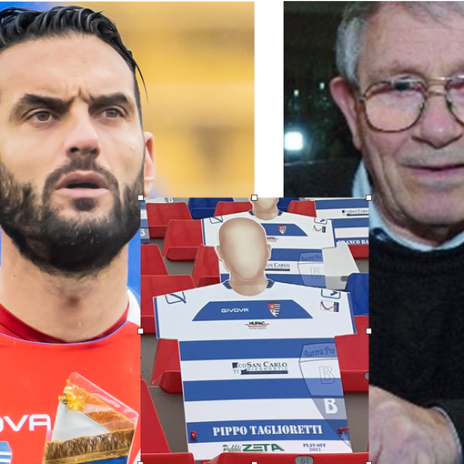 Riccardo Colombo e Pippo Taglioretti con la sagoma dei playoff che il capitano gli aveva portato lo scorso maggio