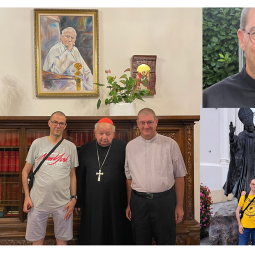 Don Gianluca in Polonia con il fratello Paolo e dal cardinale Stanislao: lascia l'oratorio di Beata Giuliana per diventare parroco a Vedano