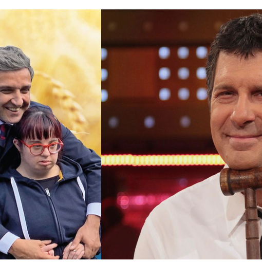 Flavio Insinna nell'immagine della campagna Unitalsi e Fabrizio Frizzi (foto Rai)